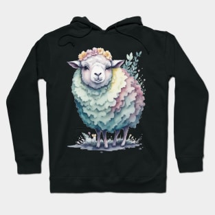 Sheep with Flower Crown: Scattered Watercolor in Pastel Colors Hoodie